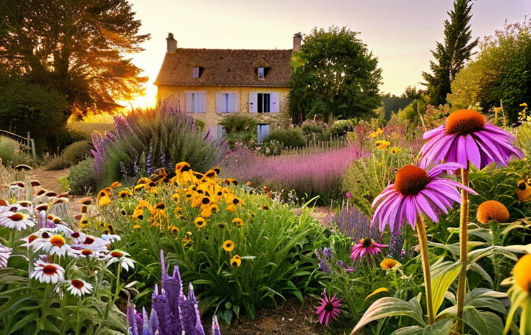 **Image Prompt:** A vibrant perennial garden in the French countryside during late summer. Focus on the mix of textures and colors, with lavender, echinacea, and rudbeckia in full bloom. Golden hour lighting.