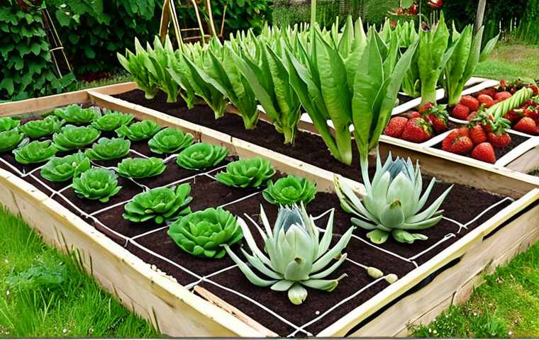 Thriving Perennial Vegetable Garden**
Prompt: Lush, vibrant perennial vegetable garden in France, artichokes, rhubarb, asparagus, strawberries, garlic, abundant growth, permaculture design, sunny, sustainable gardening, close-up details.
**