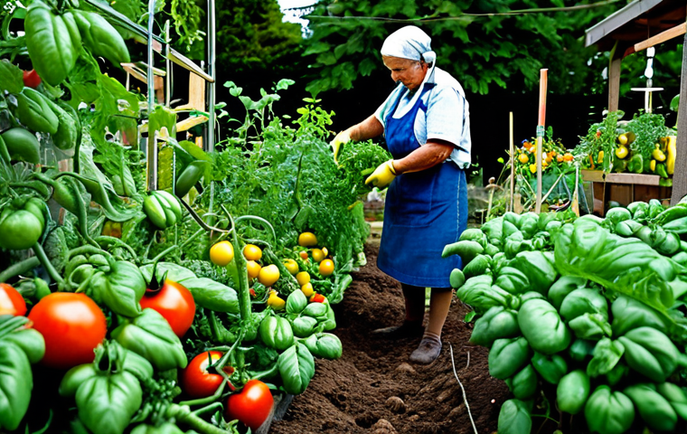Healthy Vegetable Garden**
"A vibrant and flourishing vegetable garden scene, showcasing healthy tomato plants with rich green foliage, appropriate content, safe for work. Focus on showcasing the success of preventative measures against blight. Detailed shot of healthy leaves and plump tomatoes. Background shows a well-maintained garden with diverse plant life. Fully clothed gardener tending to the plants. Perfect anatomy, correct proportions, natural pose, professional photography, high quality, modest."
**