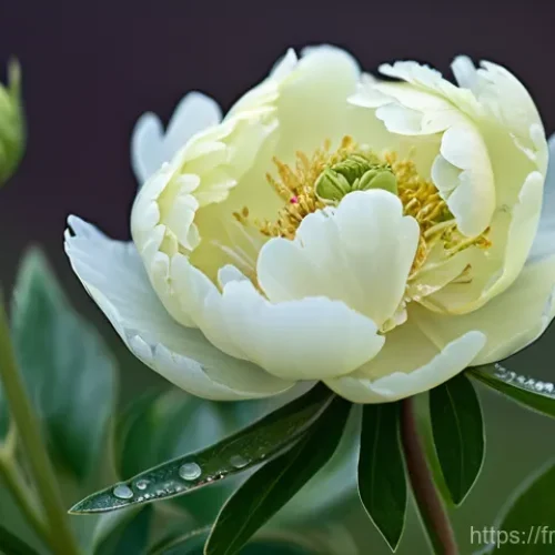 정원에서의 다년생 식물의 문화적 의미 - **Prompt:** A tranquil and evocative close-up of a blooming peony, its delicate petals unfurling in ...
