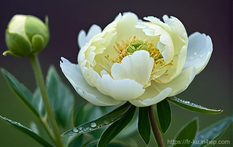 정원에서의 다년생 식물의 문화적 의미 - **Prompt:** A tranquil and evocative close-up of a blooming peony, its delicate petals unfurling in ...