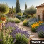 자연 친화적인 다년생 식용 정원 설계법 - A sunlit Mediterranean garden scene showcasing a variety of local, drought-resistant perennial plant...