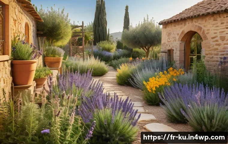 자연 친화적인 다년생 식용 정원 설계법 - A sunlit Mediterranean garden scene showcasing a variety of local, drought-resistant perennial plant...