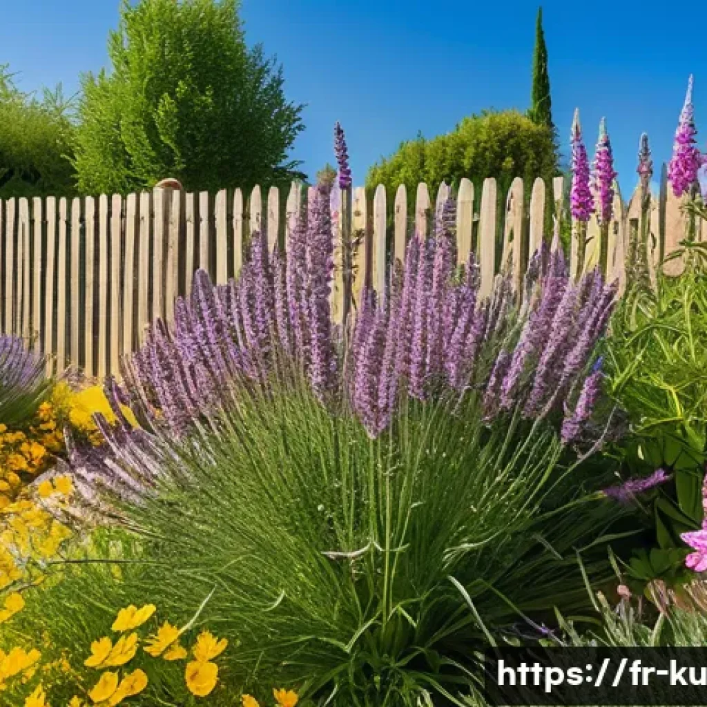 정원에서의 다년생 식물 조화를 이루는 법 - A vibrant perennial garden scene under full sunlight featuring blooming lavender, gaura, and yarrow ...