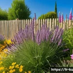정원에서의 다년생 식물 조화를 이루는 법 - A vibrant perennial garden scene under full sunlight featuring blooming lavender, gaura, and yarrow ...