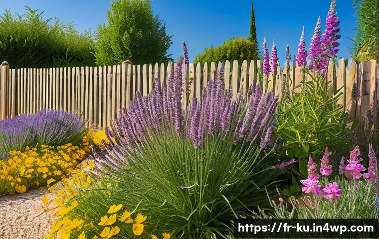 정원에서의 다년생 식물 조화를 이루는 법 - A vibrant perennial garden scene under full sunlight featuring blooming lavender, gaura, and yarrow ...