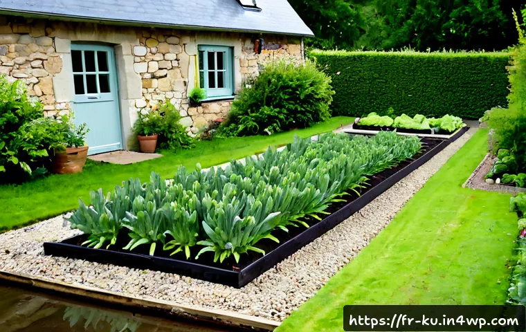 Home 17 다년생 식용 정원에서의 배수 문제 해결법 - Photorealistic French perennial edible garden after rainfall, raised vegetable beds filled with thri...