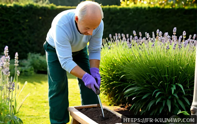 Home 17 정원에서 다년생 식물 관리의 과학적 접근 - Photorealistic French cottage garden in early morning, a middle-aged gardener wearing practical glov...