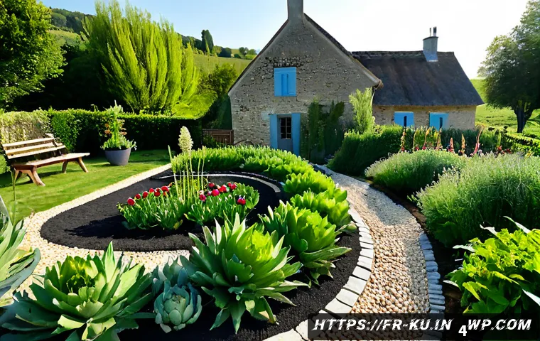 다년생 식용 정원의 디자인에서의 창의적 접근 - Photorealistic wide-angle view of a creatively designed perennial edible garden beside a charming Fr...